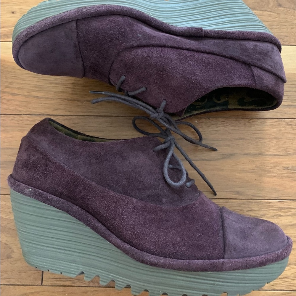Fly London Purple Suede Wedge Oxfords with Green Platform